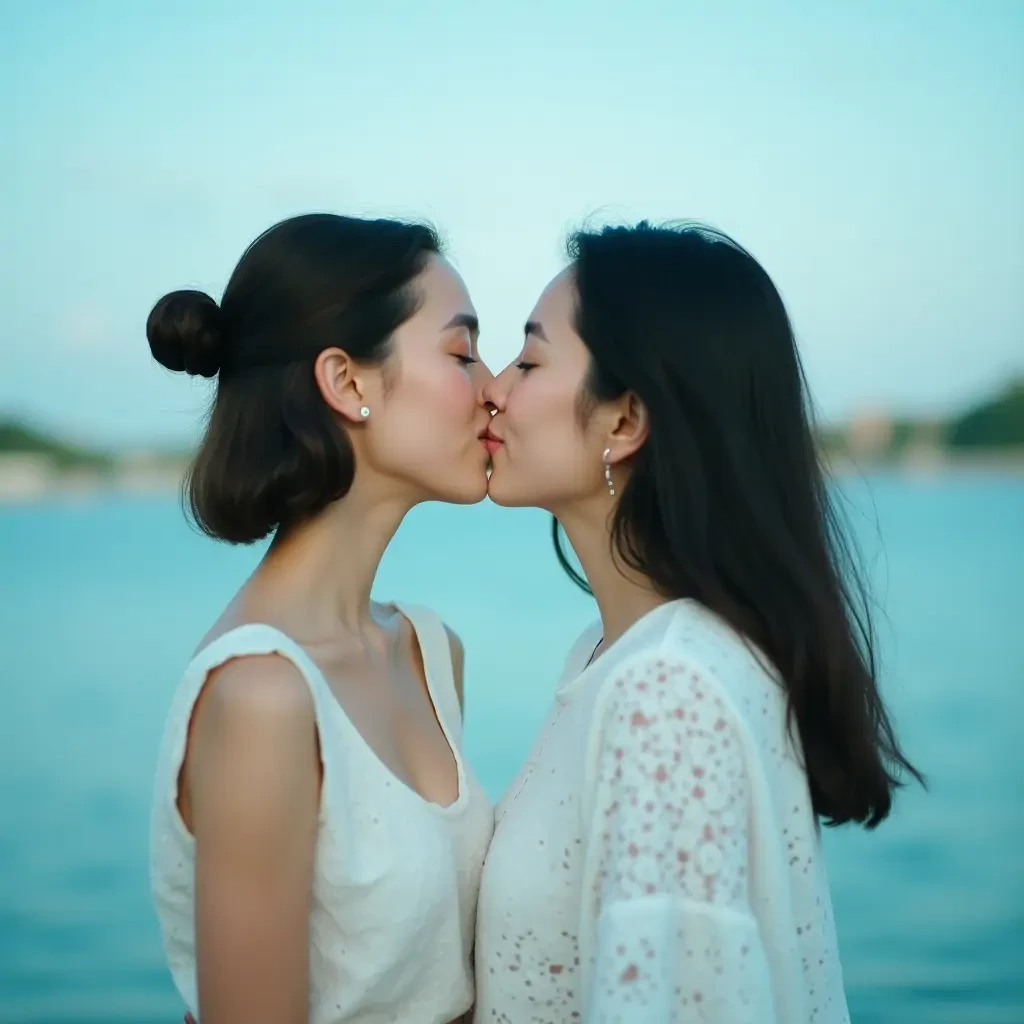 a 18-year-old France girl kissing her 40-year-old France mother on the lips, playful energy, light white and cyan-blue, airy and light, in the style of contax tix, tokina opera 50mm f/1.4, japanese hamada hideaki inspiration, joyful celebration of nature