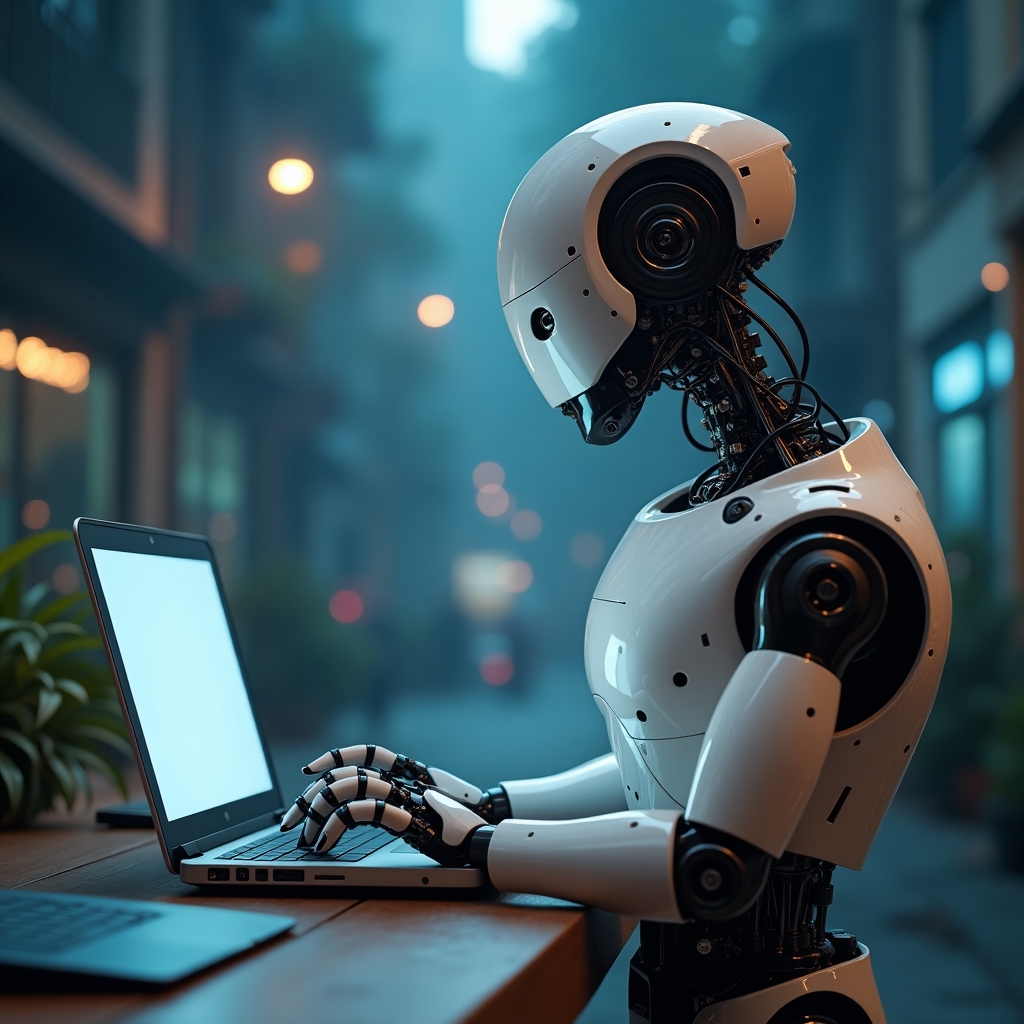 a robot working on a laptop