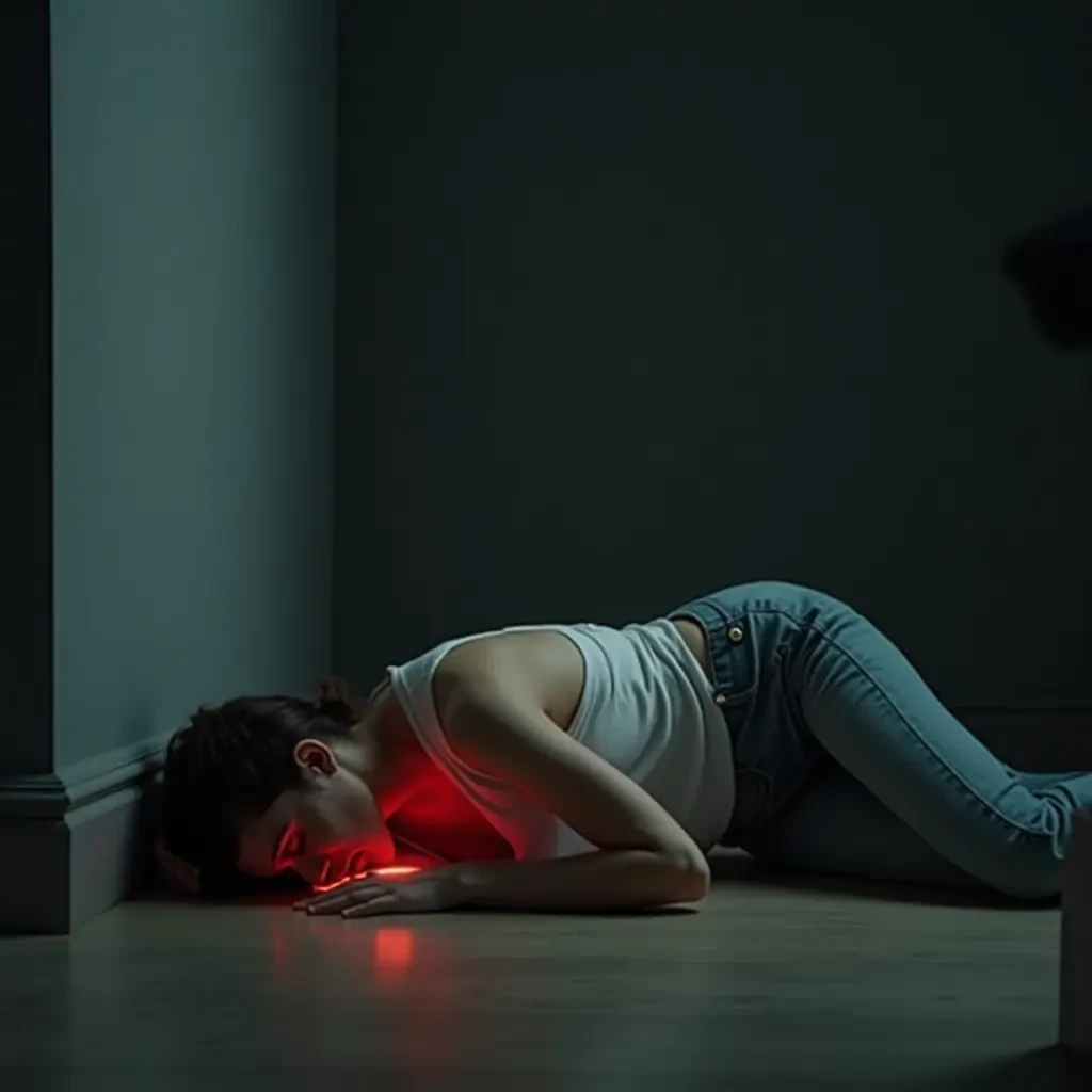 Create an image of an unconscious woman on the floor in pain