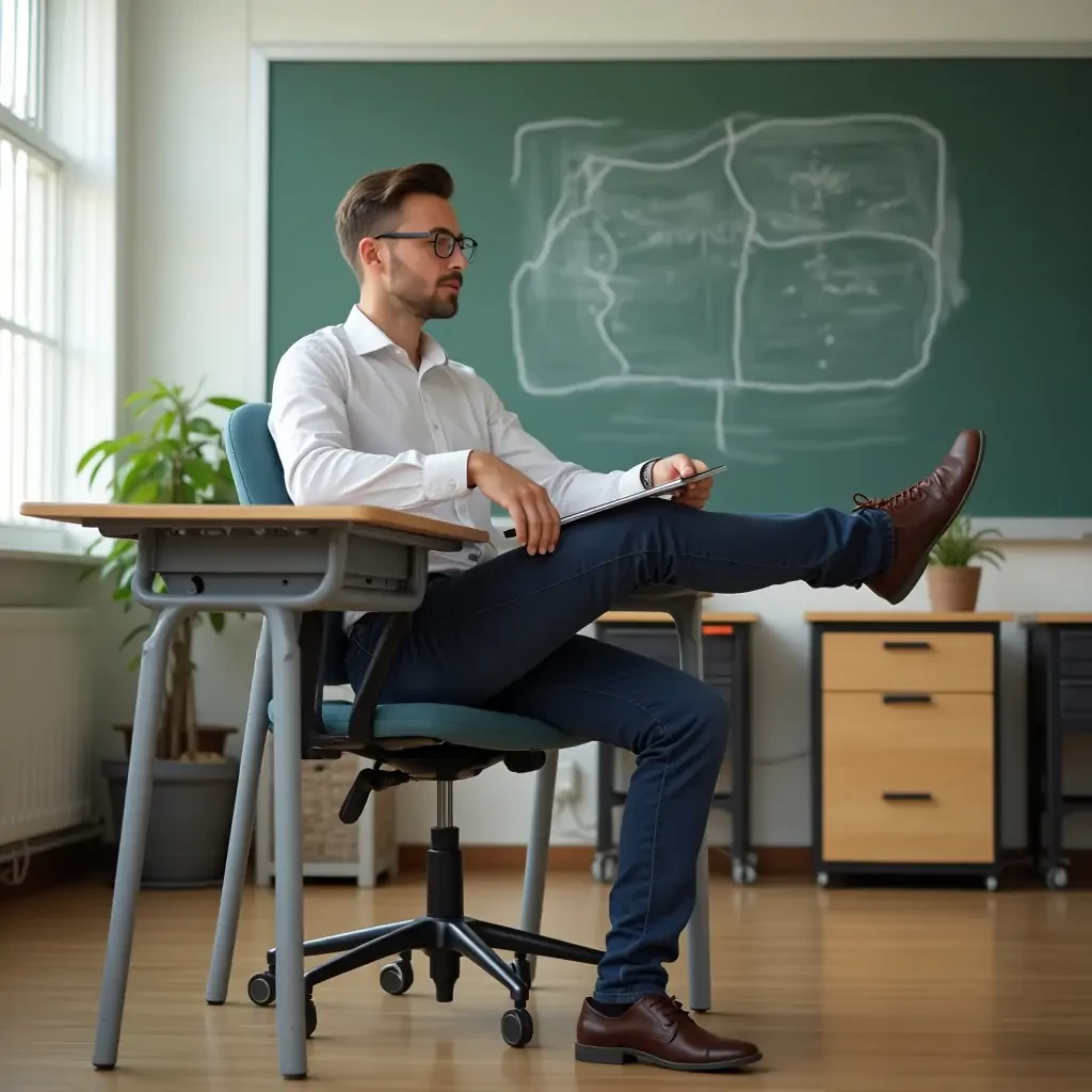 Teacher sitting on desk with legs spread