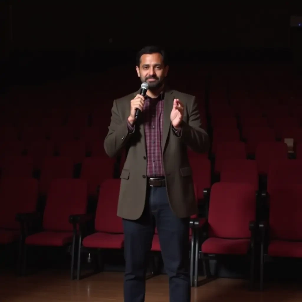 buatkan gambar stand up comedy di ruang terbuka dengan peran 2 orang di panggung dan 3 juri