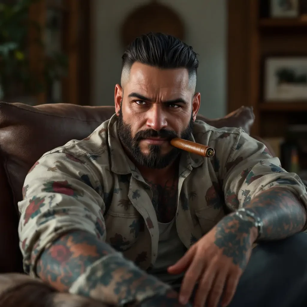 A man with a darker complexion, thick, slicked-back hair, tattoos, and a cigar sitting comfortably in his home