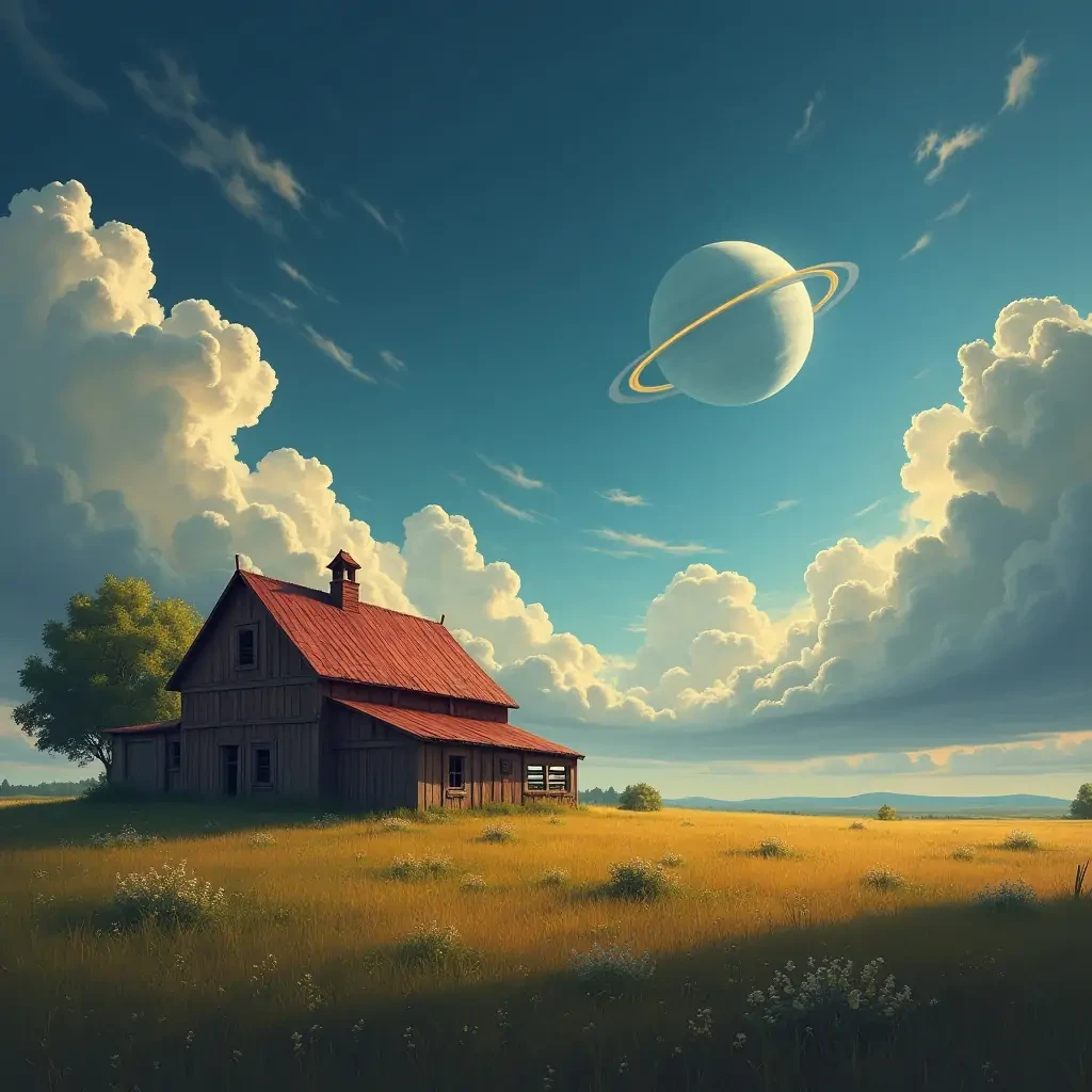 4k, realistic colorfull artwork of one old rustic farm, chill ambiance, noon with cloudy darkblue sky with planet rings