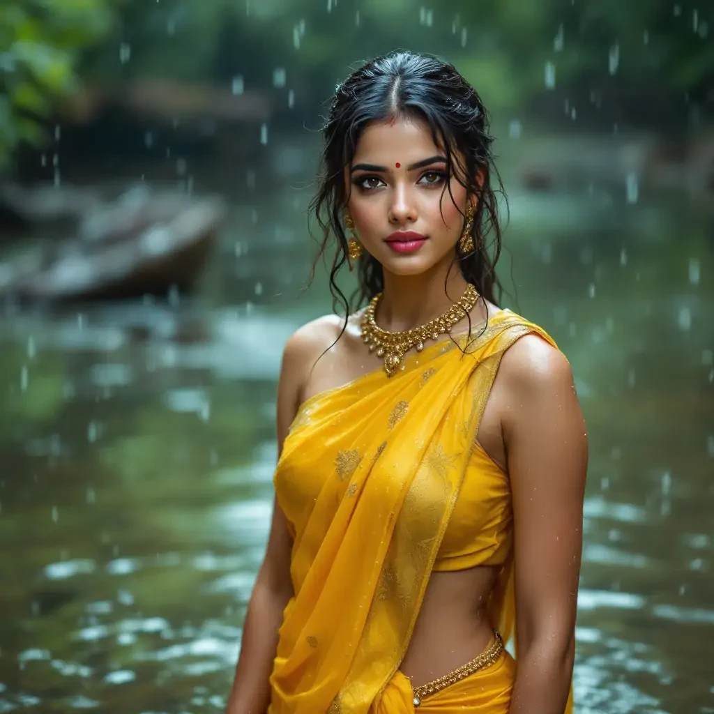 A stunningly beautiful indian model wearing a hip style yellow saree soaking wet saree drenching in the rain showing beautiful hip thin golden waist chain big bright eyes gorgeous face bathing in the river in a wet saree how hip highly detailed HDR photo