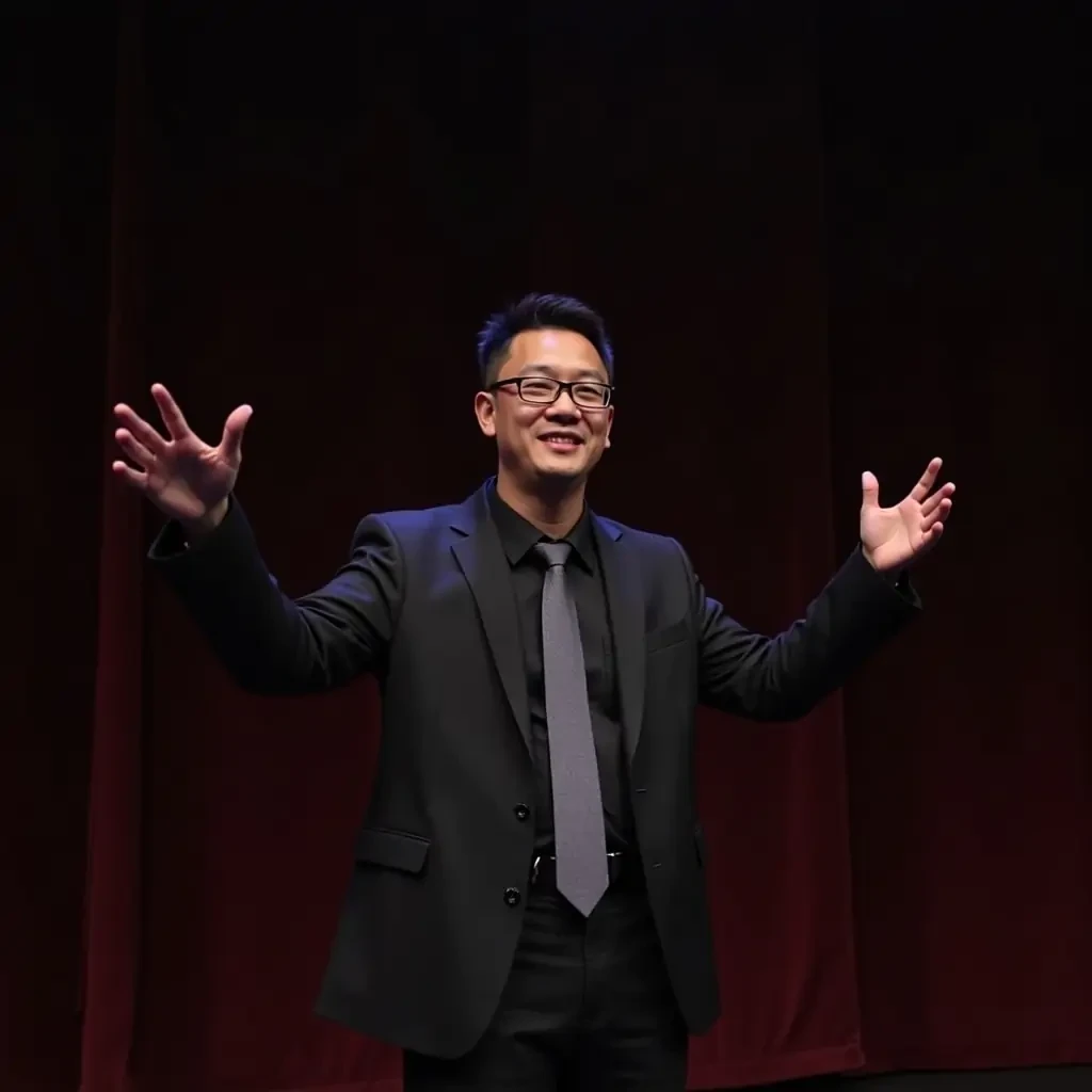 buatkan gambar stand up comedy di ruang terbuka dengan peran 2 orang di panggung dan 3 juri