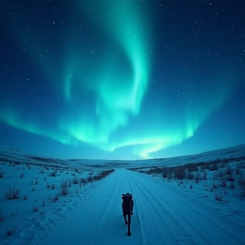 This image presents a stunning night scene under a vibrant and spectacular display of what appears to be the aurora borealis, commonly known as Northern Lights. The auroras are casting a mesmerizing blend of blue and green light against the night sky, studded with stars. The scene is a snow-covered landscape with a clear, snow-packed path or road leading through it. There's a solitary figure of an animal, possibly a dog, running down the center of the path towards the viewer. The surrounding terrain is gently undulating and covered with a blanket of snow, accentuated by the soft glow of the auroras overhead. The overall effect is quite ethereal and serene