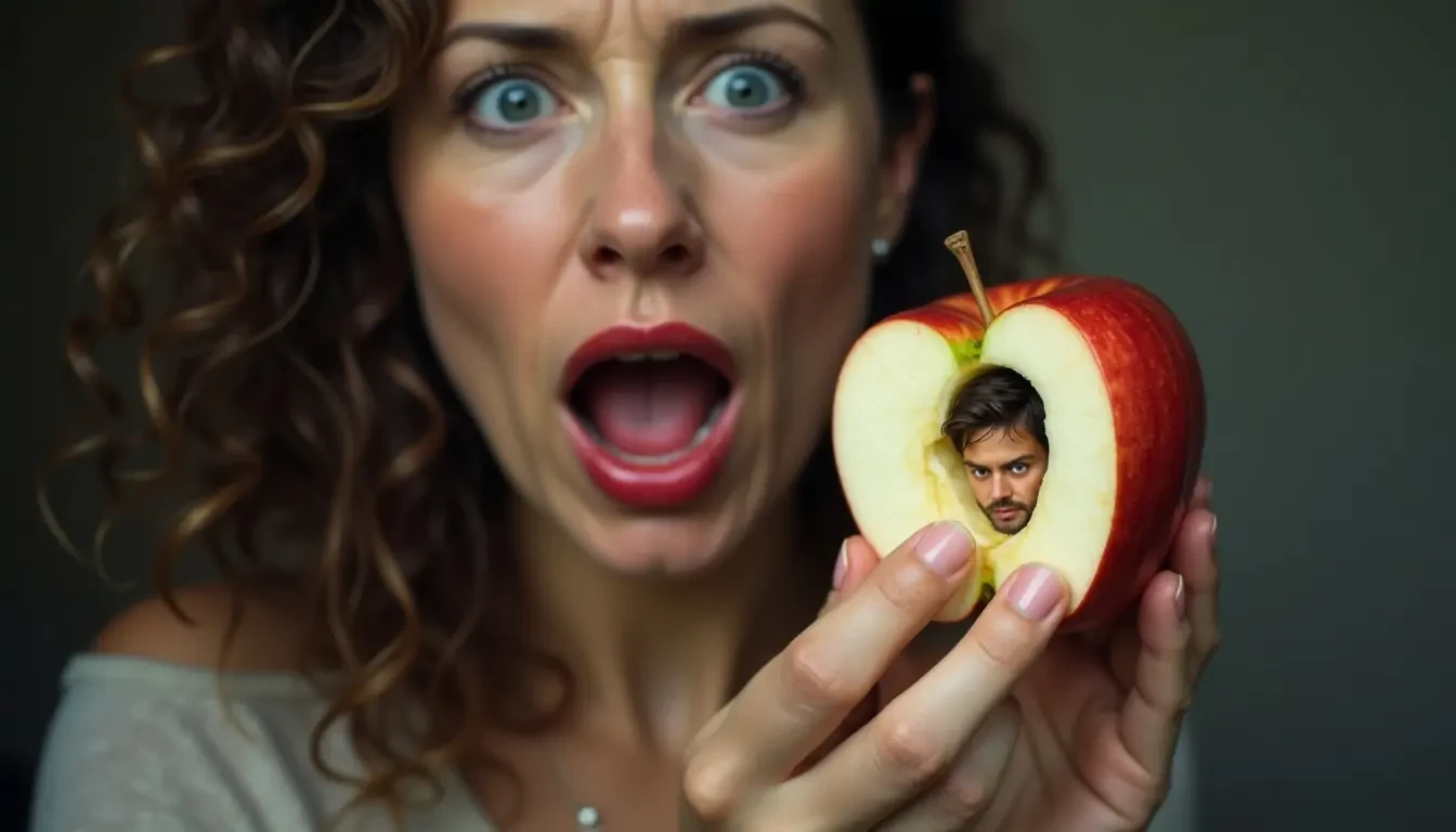 Woman eating an apple.we see the face of the woman conpletly.in the apple we can see à hole on the side with a tiny man stuck inside the hole.we can see half of the man