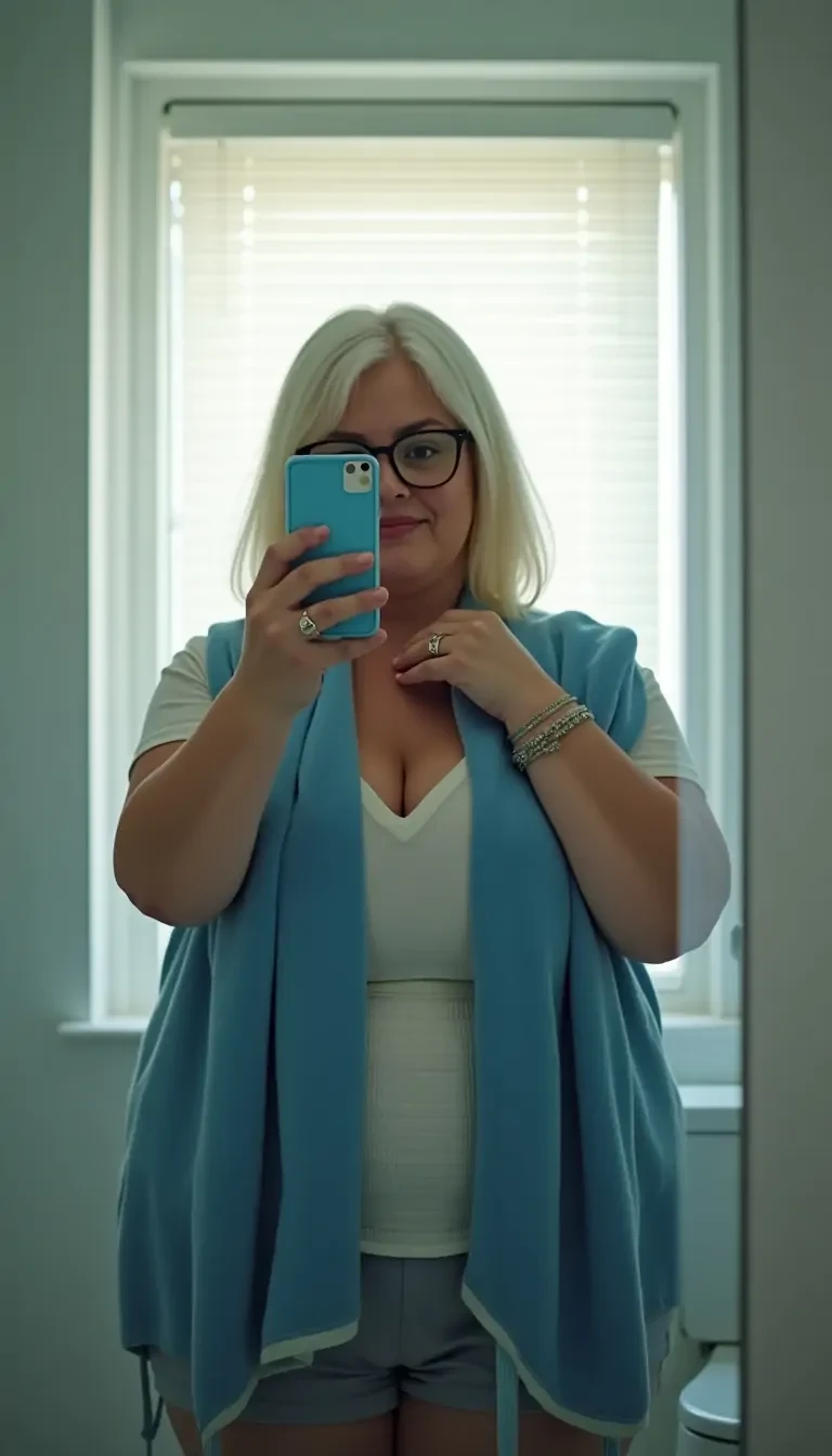 A full-body mirror selfie takеn from a first-person perspective. An FAT 60 years old woman stands facing in front of the mirror, ((SHORT BLUE TOWEL AROUND THE MID HIPS, glasses)). Her straight platinum blonde hair falls over her shoulders. She holds a phone outstretched, capturing her reflection. The hand with the phone hides her face. The other hand is on the bust. ((The bathroom is bright with a window featuring white blinds in the background.)) The mirror frame and wall are visible, creating an intimate bathroom setting.((day lighting)). HD, vivid colors, detailed portrait. No fogging, 8k, ultra hd photorealistic full height SPOT lighting 8k,