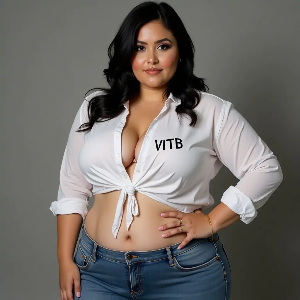 Black haired woman with huge breasts and huge ass and slim waste wearing white shirt with word 'VITB' written on it and wearing tight jeans