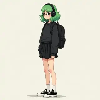a tall European teenager girl with backpack on back, stand in left side, has wavy green hair, a black Women's Loose Fit Cropped shirt and black headphones. Black pleated short-waisted skirt. And she is shod a Women's Low Sneakers Converse All Star Ox M9166C Black (886952781767) and round glasses.a tall European teenager girl with backpack on back, stand in left side, has wavy green hair, a black Women's Loose Fit Cropped shirt and black headphones. Black pleated short-waisted skirt. And she is shod a Women's Low Sneakers Converse All Star Ox M9166C Black (886952781767) and round glasses.