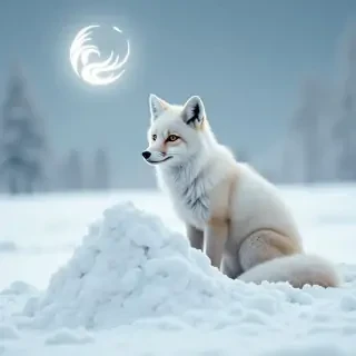 Arctic fox in a pile of snow in a snowy taiga with a therian symbol in the sky