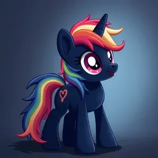 Mlp stallion based on twilight and rainbow dash. Tornado, darker color palette, hair covers eyes, dark blue with rainbow highlights