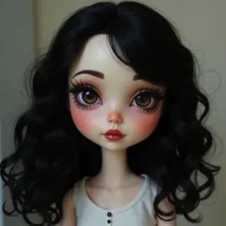 blithe doll with thin arched eyebrows,darkbrown eyes,pale skin,wavy layered black hair,full downturned lips,pronounced cupid bow,long winged eyeliner,long lashes