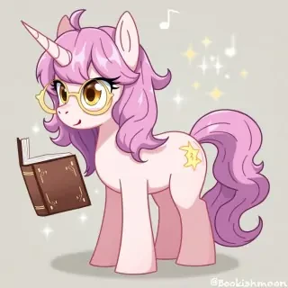 Name: Bookishmoon Gender: Mare (She/Her/Hers) Type: Unicorn Fur: Light pink Mane and Tail: Pink, Light Purple/Pink, Some of golden strands. Eyes: Amber  Cutie Mark: A book with some sparks  Orientation: Lesbian (Demi) Wear gold-rimmed glasses while reading Type of Hair: slightly wavy (also have bangs) Interests/like: Reading, Singing, Writing Songs Books and Poems, Alone Walks, Playing a Piano, Spending time with loved ones, cuddles and tenderness Fav food: Cinnamon Rolls, Cocoa with Marshmallows, Iced Coffee Latte, Matcha Work: Books editing for the editorial office Character traits: Kind, calm, clumsy, helpful, shy, smart, slightly cute.