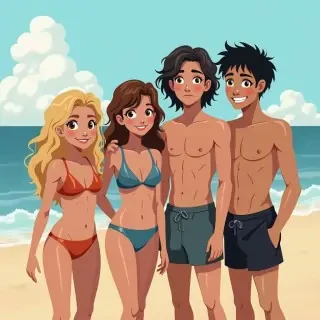Four people on the beach 2 girls one blonde second brown hair hanging two boys skinny with black hair smiling and sweat body