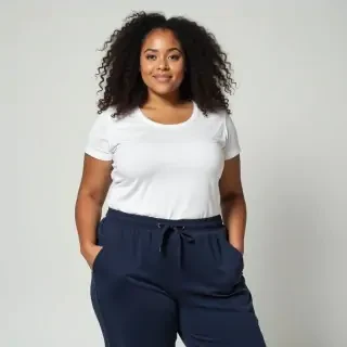 Tunesian woman, middle length curly hair, dark blue Jogging pants, white t shirt, curvy hipps and thick thighs big booty