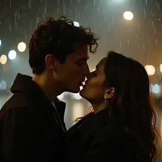 Steve Harrington and Nancy Wheeler embracing each other and kissing in the rain