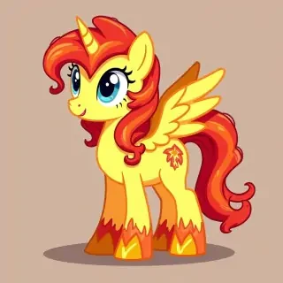make me an adult my little pony friendship is magic pony with yellow base color and mane like fire with gold shoes and red, yellow, and orange wings and unicorn horn