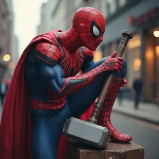 Spider man lifting thor hammer