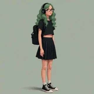 a tall European teenager girl with backpack on back, stand in left side, has wavy green hair, a black Women's Loose Fit Cropped shirt and black headphones. Black pleated short-waisted skirt. And she is shod a Women's Low Sneakers Converse All Star Ox M9166C Black (886952781767) and round glasses.a tall European teenager girl with backpack on back, stand in left side, has wavy green hair, a black Women's Loose Fit Cropped shirt and black headphones. Black pleated short-waisted skirt. And she is shod a Women's Low Sneakers Converse All Star Ox M9166C Black (886952781767) and round glasses.
