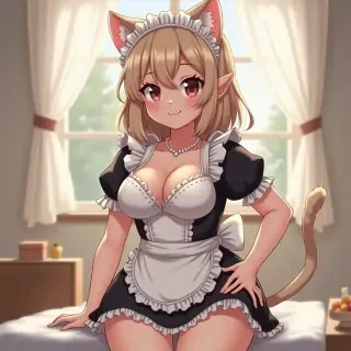 A catgirl, chubby, cute girl with big breasts with maid outfit in her 18’s