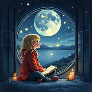 Create an illustration of a young girl with blonde hair and a red jacket sitting cross-legged with an open book on her lap by an open circular window at night. Include a friendly Welsh Corgi dog looking at her, a full moon in the starry sky with butterflies, a calm sea below, distant mountains, and candles creating a warm light.