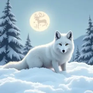 Arctic fox in a pile of snow in a snowy taiga with a therian symbol in the sky