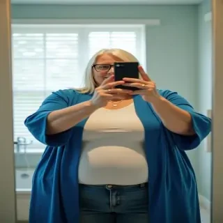 A full-body mirror selfie takеn from a first-person perspective. An FAT 60 years old woman stands facing in front of the mirror, ((SHORT BLUE TOWEL AROUND THE MID HIPS, glasses)). Her straight platinum blonde hair falls over her shoulders. She holds a phone outstretched, capturing her reflection. The hand with the phone hides her face. The other hand is on the bust. ((The bathroom is bright with a window featuring white blinds in the background.)) The mirror frame and wall are visible, creating an intimate bathroom setting.((day lighting)). HD, vivid colors, detailed portrait. No fogging, 8k, ultra hd photorealistic full height SPOT lighting 8k,