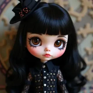 Blythe doll, medium black hair,bangs that go above thin eyebrows, dark brown eyes, and has eyeliner on and is in a Victorian goth outfit