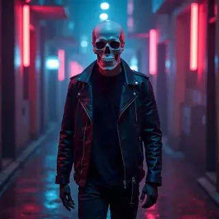 skull walking in cyber punk inviroment dark neon