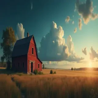 4k, realistic colorfull artwork of one old rustic farm, chill ambiance, noon with cloudy darkblue sky with planet rings