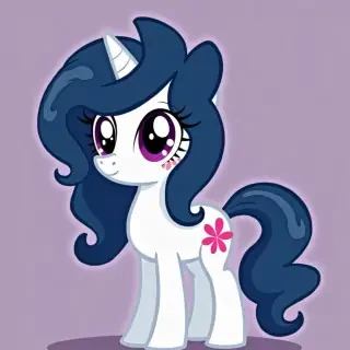 My little pony oc dark blue hair,white skin, purple eyes,pink flowers cutie marks