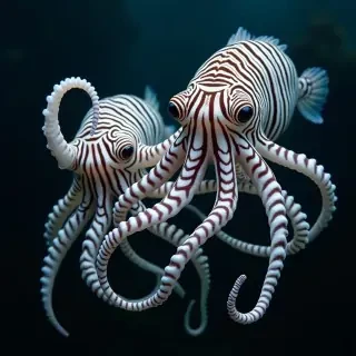2 striped cuttlefish with their tentacles tangled