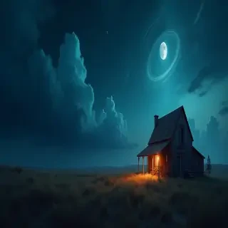 4k, realistic colorfull artwork of one old rustic farm, chill ambiance, at night with cloudy darkblue strange sky with planet rings