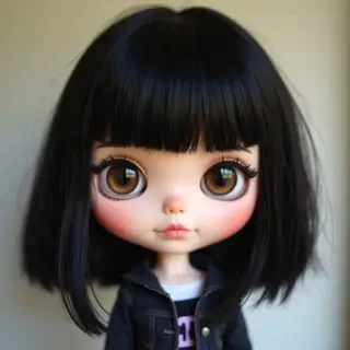 Type keywords like "Blythe doll medium black hair micro bangs and has eyeliner brown eyes