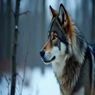 a close-up portrait of a wolf's face. The wolf is facing towards the right side of the image, with its head turned slightly to the left. Its fur is a mix of grey and black, with hints of white and brown. Its eyes are a piercing yellow, and its nose is a dark black. The background is blurred, but it appears to be a snowy landscape with trees and branches. The overall mood of the portrait is cold and eerie.