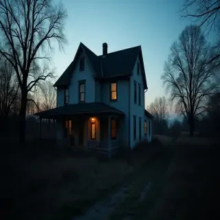 abandoned house at dawn, no lights, partially overgrown