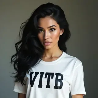 Blacked haired woman with huge ass wearing white shirt with word 'VITB'