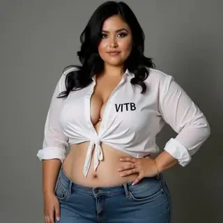 Black haired woman with huge breasts and huge ass and slim waste wearing white shirt with word 'VITB' written on it and wearing tight jeans