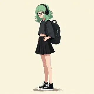 a tall European teenager girl with backpack on back, stand in left side, has wavy green hair, a black Women's Loose Fit Cropped shirt and black headphones. Black pleated short-waisted skirt. And she is shod a Women's Low Sneakers Converse All Star Ox M9166C Black (886952781767) and round glasses.a tall European teenager girl with backpack on back, stand in left side, has wavy green hair, a black Women's Loose Fit Cropped shirt and black headphones. Black pleated short-waisted skirt. And she is shod a Women's Low Sneakers Converse All Star Ox M9166C Black (886952781767) and round glasses.