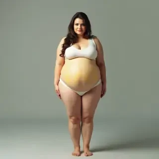 Picture of a woman standing, she has a unnaturally large belly that looks like a beach ball
