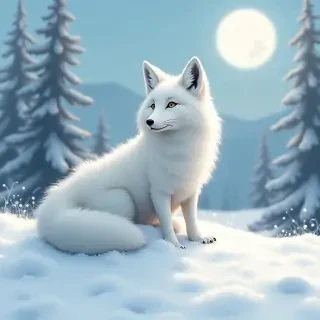 Arctic fox in a pile of snow in a snowy taiga with a therian symbol in the sky