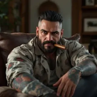 A man with a darker complexion, thick, slicked-back hair, tattoos, and a cigar sitting comfortably in his home