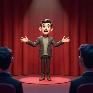 buatkan gambar stand up comedy di ruang terbuka dengan peran 2 orang di panggung dan 3 juri