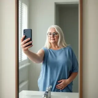A full-body mirror selfie takеn from a first-person perspective. An FAT 60 years old woman stands facing in front of the mirror, ((SHORT BLUE TOWEL AROUND THE MID HIPS, glasses)). Her straight platinum blonde hair falls over her shoulders. She holds a phone outstretched, capturing her reflection. The hand with the phone hides her face. The other hand is on the bust. ((The bathroom is bright with a window featuring white blinds in the background.)) The mirror frame and wall are visible, creating an intimate bathroom setting.((day lighting)). HD, vivid colors, detailed portrait. No fogging, 8k, ultra hd photorealistic full height SPOT lighting 8k,