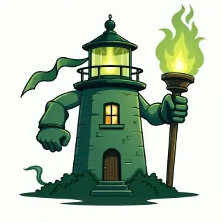Highschool mascot for the fighting beacons using green and a lighthouse