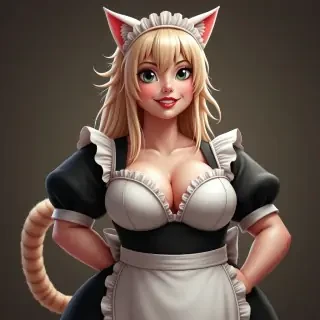 A catgirl, chubby girl with big breasts with maid outfit in her 18’s