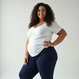 Tunesian woman, middle length curly hair, dark blue Jogging pants, white t shirt, curvy hipps and thick thighs