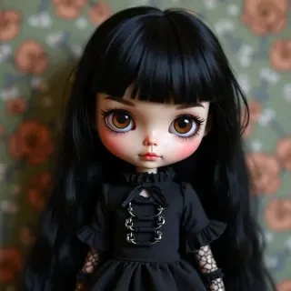 Blythe doll, medium black hair,bangs that go 5 inches above thin eyebrows, dark brown eyes, and has eyeliner on and is in a Victorian goth outfit
