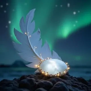 moonstone with white raven feathers. make it magical and have Icelandic northern lights